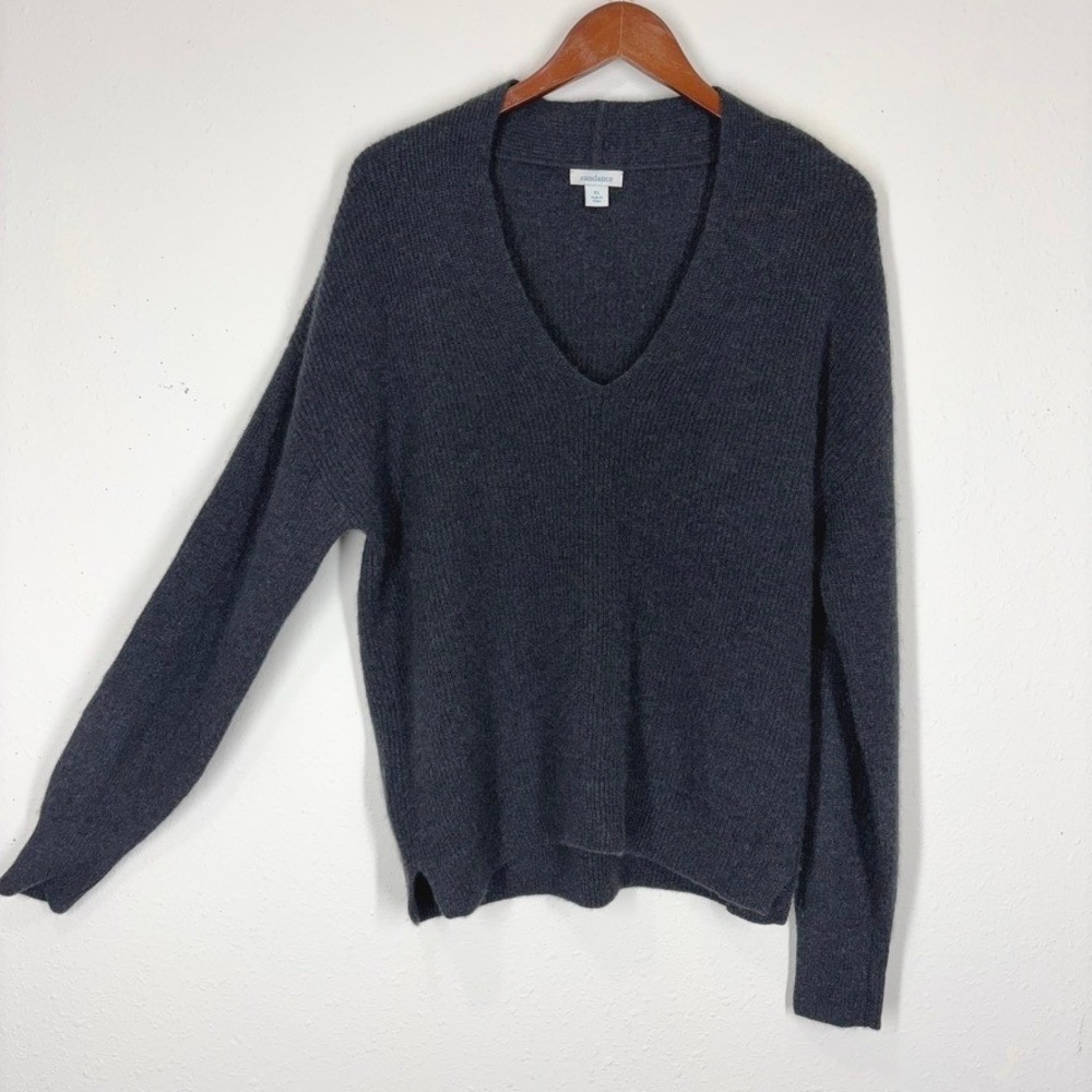 Sundance Womens Cashmere Sweater XL Charcoal Gray V-Neck Ribbed Layering chic